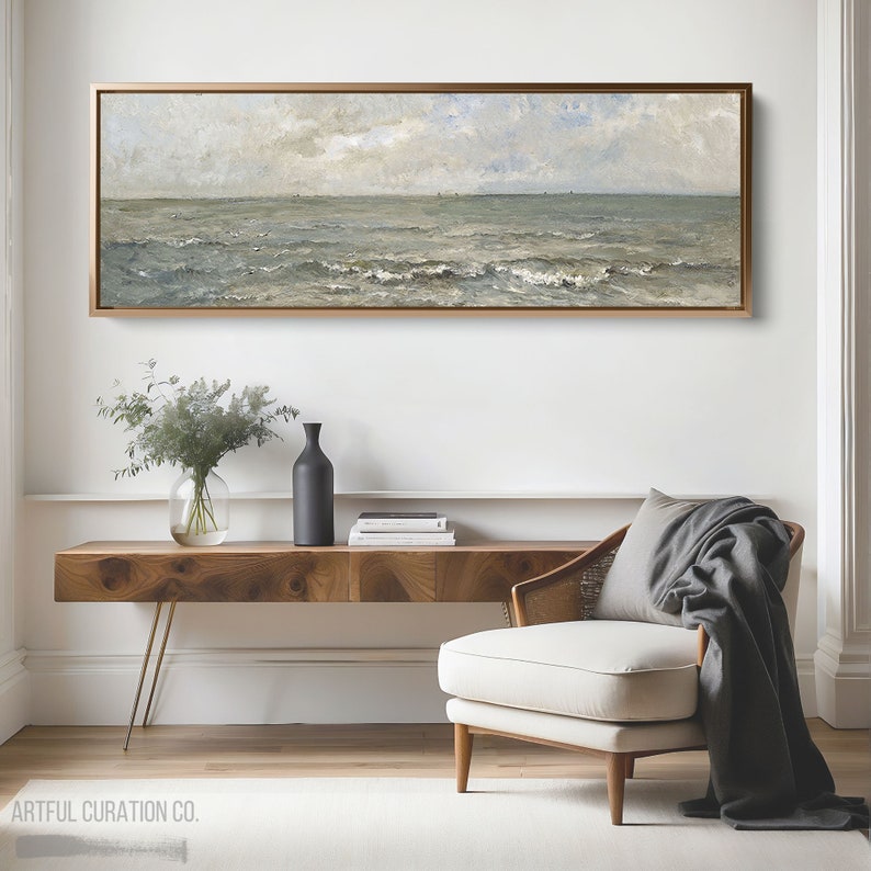 Seascape Painting Wall Art Framed Canvas Print | Panoramic Wall Art Above Bed Decor | Vintage Coastal Wall Art Print | Long Narrow Wall Art image 8