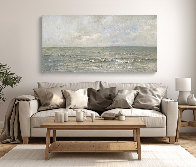 Seascape Painting Wall Art Framed Canvas Print | Panoramic Wall Art Above Bed Decor | Vintage Coastal Wall Art Print | Long Narrow Wall Art image 7