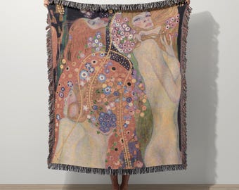 Gustav Klimt Sea Serpents Jacquard Woven Tapestry Blanket Wall Hanging | Fine Art Textile Woven Cotton Throw