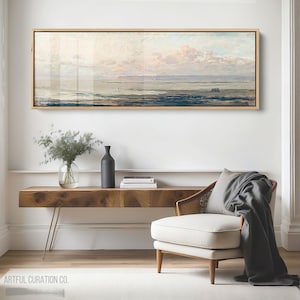 Coastal Sunset Vintage Painting Giclee Fine Art Print | Panoramic Wall Art Coastal Beach Print Above Bed Decor | Long Narrow Wall Art Print