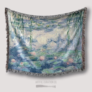 Claude Monet Nympheas Water Lily Jacquard Woven Throw Wall Hanging | Floral Monet Tapestry Blanket Gift for Artist | Cotton Throw for Couch
