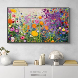 May include: A framed painting of a colorful flower garden with a variety of flowers in shades of pink, purple, yellow, and orange. The flowers are arranged in a loose, natural pattern, and the background is a soft, muted green.