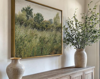Meadow Landscape Wall Art Framed Canvas | Vintage Green Nature Painting | Neutral Wall Decor