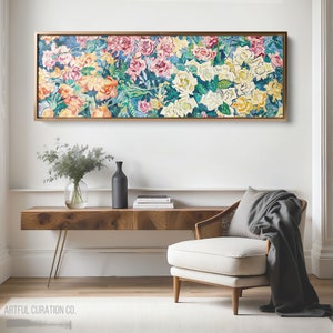 Colorful Flowers Oil Painting Fine Art Giclee Prints | Maximalist Wall Art Panoramic Above Bed Decor | Long Horizontal Wall Art Floral Print
