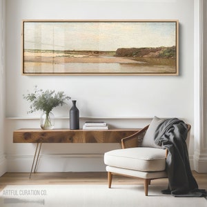 Vintage Coastal Oil Painting Giclee Fine Art Print | Panoramic Wall Art Coastal Beach Print Above Bed Decor | Long Narrow Wall Art Print
