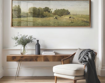 Vintage Country Landscape with Cows Fine Art Giclee Prints | Panoramic Wall Art Above Bed Decor | Long Wall Art Panoramic Landscape Art