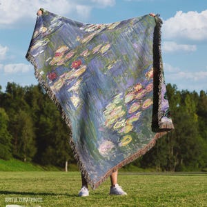 Monet Blue Water Lily Floral Jacquard Woven Tapestry Blanket Wall Hanging | Fine Art Textile Woven Cotton Throw