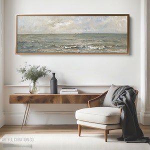Seascape Painting Wall Art Framed Canvas Print | Panoramic Above Bed Wall Art | Vintage Coastal Wall Art | Ocean Wall Art | Long Wall Art