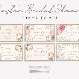 Peut inclure: Six affiches imprimables pour une fête de mariage avec un motif floral. Les affiches comportent le texte "Bienvenue à Jennifera's Bridal Shower" et la date "08.08.2023".