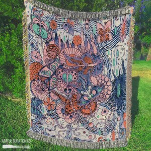 Boho Abstract Botanical Jacquard Woven Tapestry Blanket Wall Hanging | Doodle Art Woven Cotton Throw