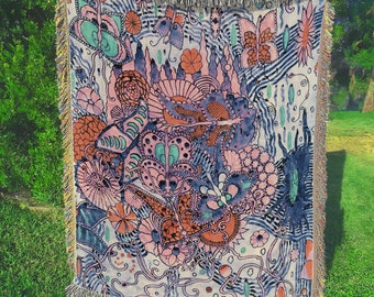 Boho Abstract Botanical Jacquard Woven Tapestry Blanket Wall Hanging | Doodle Art Woven Cotton Throw