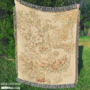 Mucha Art Nouveau Floral Jacquard Woven Throw Blanket Couch Bed | Floral Tapestry Blanket Cotton Woven Wall Hanging | Aesthetic Home Decor