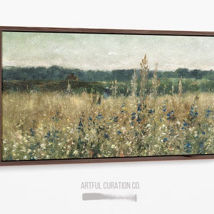 Vintage Wildflower Field Long Wall Art | Panoramic Bedroom Art | Panoramic Landscape Above Bed Decor | Long Narrow Wall Art Canvas Print
