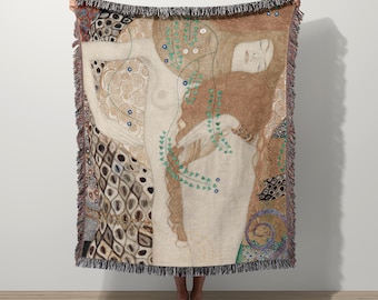 Gustav Klimt Sea Serpents Jacquard Woven Tapestry Blanket Wall Hanging | Fine Art Textile Woven Cotton Throw