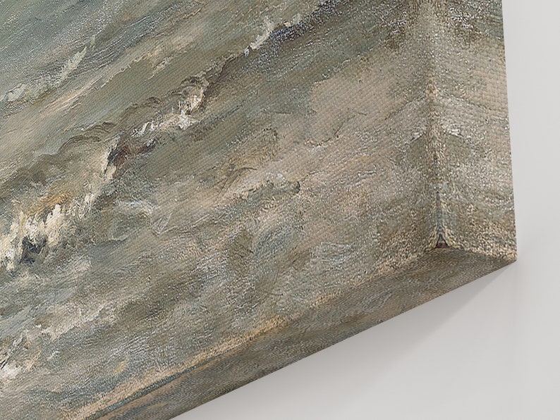 May include: An oil painting on canvas depicts a seascape with waves and a cloudy sky. The artwork uses a palette of muted blues, grays, and whites, with visible brushstrokes creating texture. The canvas is stretched over a wooden frame.