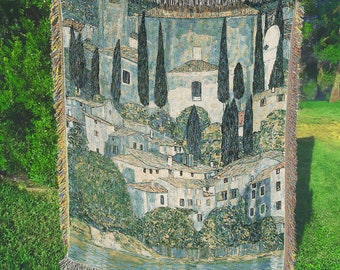Gustav Klimt Church in Cassone Jacquard Woven Tapestry Blanket Wall Hanging | Fine Art Textile Woven Cotton Throw