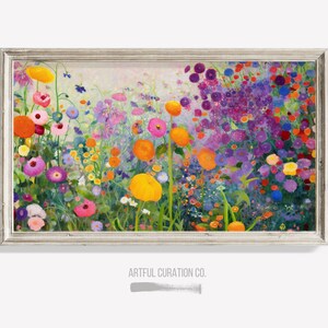 May include: A framed painting of a colorful wildflower garden with a variety of flowers in shades of pink, purple, yellow, orange, and red. The flowers are arranged in a dense, chaotic pattern, creating a sense of movement and energy. The painting is set against a soft, light background.