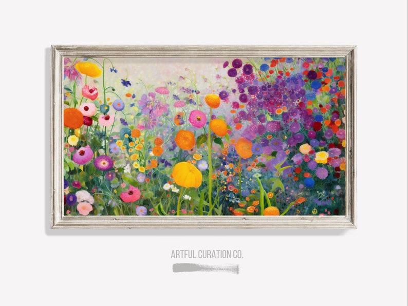 May include: A framed painting of a colorful wildflower garden with a variety of flowers in shades of pink, purple, yellow, orange, and red. The flowers are arranged in a dense, chaotic pattern, creating a sense of movement and energy. The painting is set against a soft, light background.