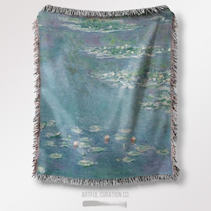 Monet Blue Water Lily Pond Floral Jacquard Woven Throw Wall Hanging | Floral Aesthetic Tapestry Blanket Throw For Adults | Gifts For Artists