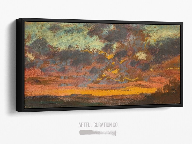 Puede incluir: Una pintura de paisaje rectangular en un marco negro que representa un atardecer con nubes azul oscuro y grises, luz naranja y amarilla vibrante cerca del horizonte y un primer plano oscuro. El texto ARTFUL CURATION CO. aparece debajo.