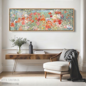 Colorful Coastal Vintage Wall Art Giclee Prints | Panoramic Wall Art Floral Landscape Above Bed Decor | Long Horizontal Art Print Floral