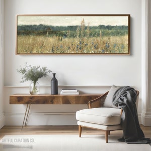 Wildflower Print Wall Art Framed Canvas Print | Panoramic Wall Art Above Bed Decor | Vintage Landscape Long Wall Art | Earth Tone Wall Art