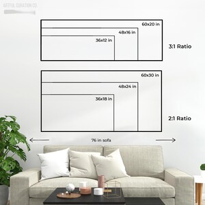 May include: Diagram showing potential canvas print sizes, including 60x20 in, 48x16 in, and 36x12 in for a 3:1 ratio, and 60x30 in, 48x24 in, and 36x18 in for a 2:1 ratio. The text "76 in sofa" is also present.
