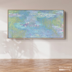 Claude Monet Water Lilies Print on Canvas Framed Unframed | Horizontal Pastel Blue-Green Water Lilies Landscape Wall Art