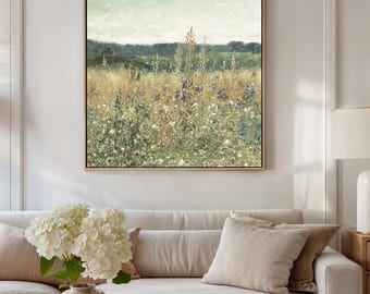 Wildflower Print Sage Green Wall Art Framed Canvas Print | Vintage Landscape Print | Square Canvas