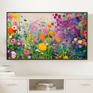 May include: A colorful painting of a field of flowers in shades of pink, purple, orange, yellow, and green. The flowers are arranged in a random pattern and are all in bloom.