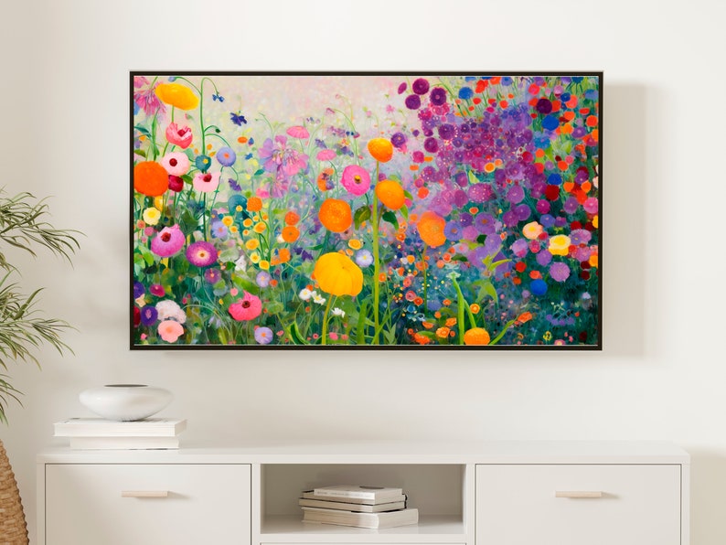 May include: A colorful painting of a field of flowers in shades of pink, purple, orange, yellow, and green. The flowers are arranged in a random pattern and are all in bloom.