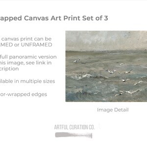May include: Wrapped canvas art print set of 3. The image shows a seascape with seagulls flying over the waves. The text says the print can be framed or unframed and is available in multiple sizes. Mirror-wrapped edges.