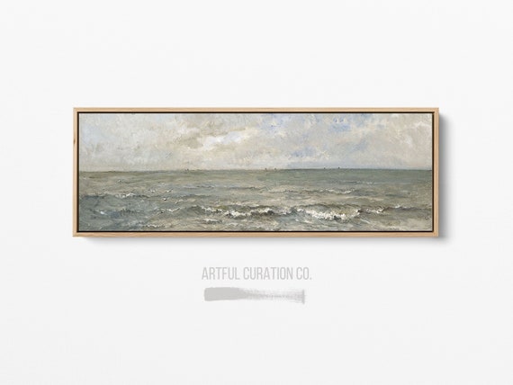 Seascape Painting Wall Art Framed Canvas Print | Panoramic Wall Art Above Bed Decor  | Vintage Coastal Wall Art Print | Long Narrow Wall Art