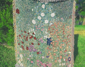 Gustav Klimt Flower Garden Jacquard Woven Tapestry Blanket Wall Hanging | Fine Art Textile Woven Cotton Throw