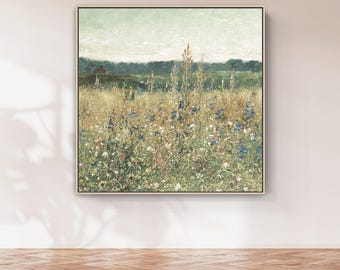 Wildflower Print Sage Green Wall Art Framed Canvas Print | Farmhouse Decor | Vintage Landscape Print | Earth Tone Wall Art | Square Canvas