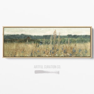 Vintage Wildflower Landscape Canvas | Extra Wide Panoramic Wall Art | Antique Meadow Painting Decor