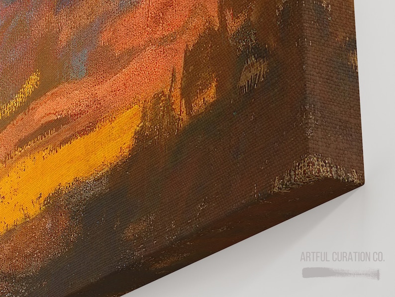Puede incluir: Un lienzo impreso con una pintura de paisaje texturizada en tonos vibrantes de naranja, amarillo y marr&oacute;n oscuro. La obra muestra una escena de atardecer o amanecer con pinceladas visibles. El texto ARTFUL CURATION CO. est&aacute; impreso en la esquina.