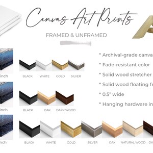 May include: An image showcasing canvas art prints, available framed and unframed. The image displays various frame styles in black, white, gold, and silver, with options for 0.75, 1.25, and 1.5-inch depths. Features include archival-grade canvas and solid wood stretcher bars.