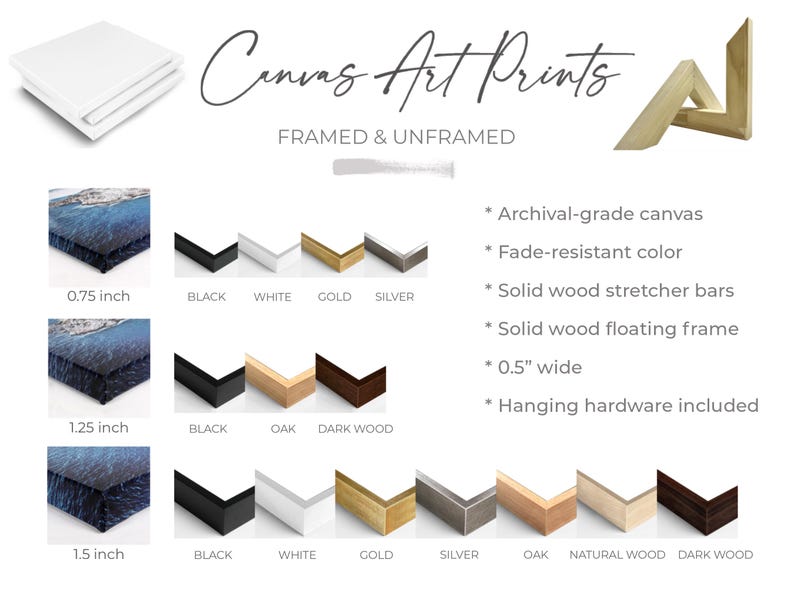 May include: An image showcasing canvas art prints, available framed and unframed. The image displays various frame styles in black, white, gold, and silver, with options for 0.75, 1.25, and 1.5-inch depths. Features include archival-grade canvas and solid wood stretcher bars.