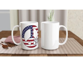 Stars and Stripes Peace with Dove and Rose - White 15oz Ceramic Mug