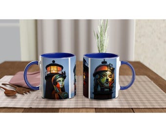 Cubism Lighthouses - White 11oz Ceramic Mug with Color Inside Ceramic Blue
