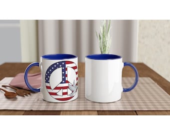 Stars and Stripes Peace with Dove and Rose - White 11oz Ceramic Mug with Color Inside