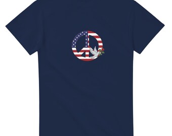Stars and Stripes Peace with Dove and Rose - Heavyweight Unisex Crewneck T-shirt | Gildan® 5000