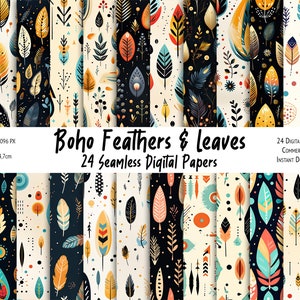 24 Boho Digital Papers, Seamless Boho Patterns, Scrapbook Paper, Seamless Pattern, Boho Background, Printable Paper,  Commercial Use