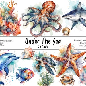 20 Under The Sea Cliparts, Watercolor Ocean Creatures and Underwater Plants Graphics Bundle - PNG, Commercial Use, Instant Download