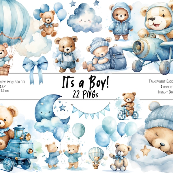 22 Watercolor Teddy Bear Clipart Bundle, Baby Boy Clipart, Baby Shower, Nursery Design, Cute - PNG, Transparent Background, Commercial Use