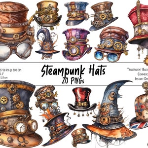 20 Watercolor Steampunk Hats Clipart Bundle, Fantasy Graphics Bundle, Steampunk Clipart - PNG, Instant Download, Commercial Use