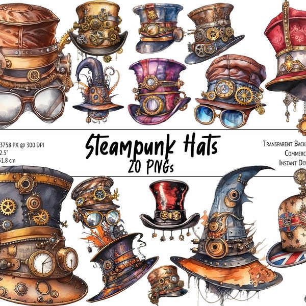 20 aquarelle Steampunk chapeaux Clipart Bundle, Fantasy Graphics Bundle, Steampunk Clipart - PNG, téléchargement immédiat, usage Commercial