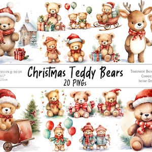 Aquarelle Noël Teddy Bear Clipart Bundle, Christmas Nursery PNG Graphics pour l’impression, sublimation, conceptions numériques - Utilisation commerciale