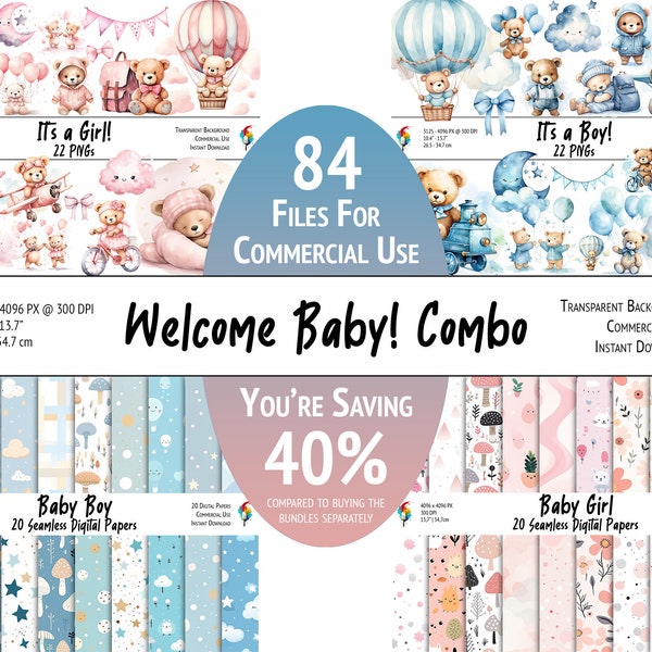 Welcome Baby Combo Deal, Nursery Design Cliparts, Seamless Digital Papers, Baby Shower, Watercolor Clipart, Printable Paper, Commercial Use